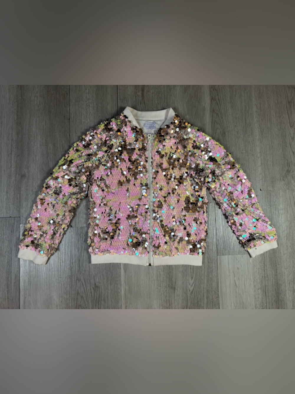 More Than Magic Girls Sparkly Sequin Bomber Jacket Full Zip Pink Gold Size M 7/8